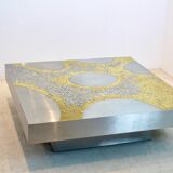 Table basse en acier inoxydable et laiton par Jean Claude Dresse