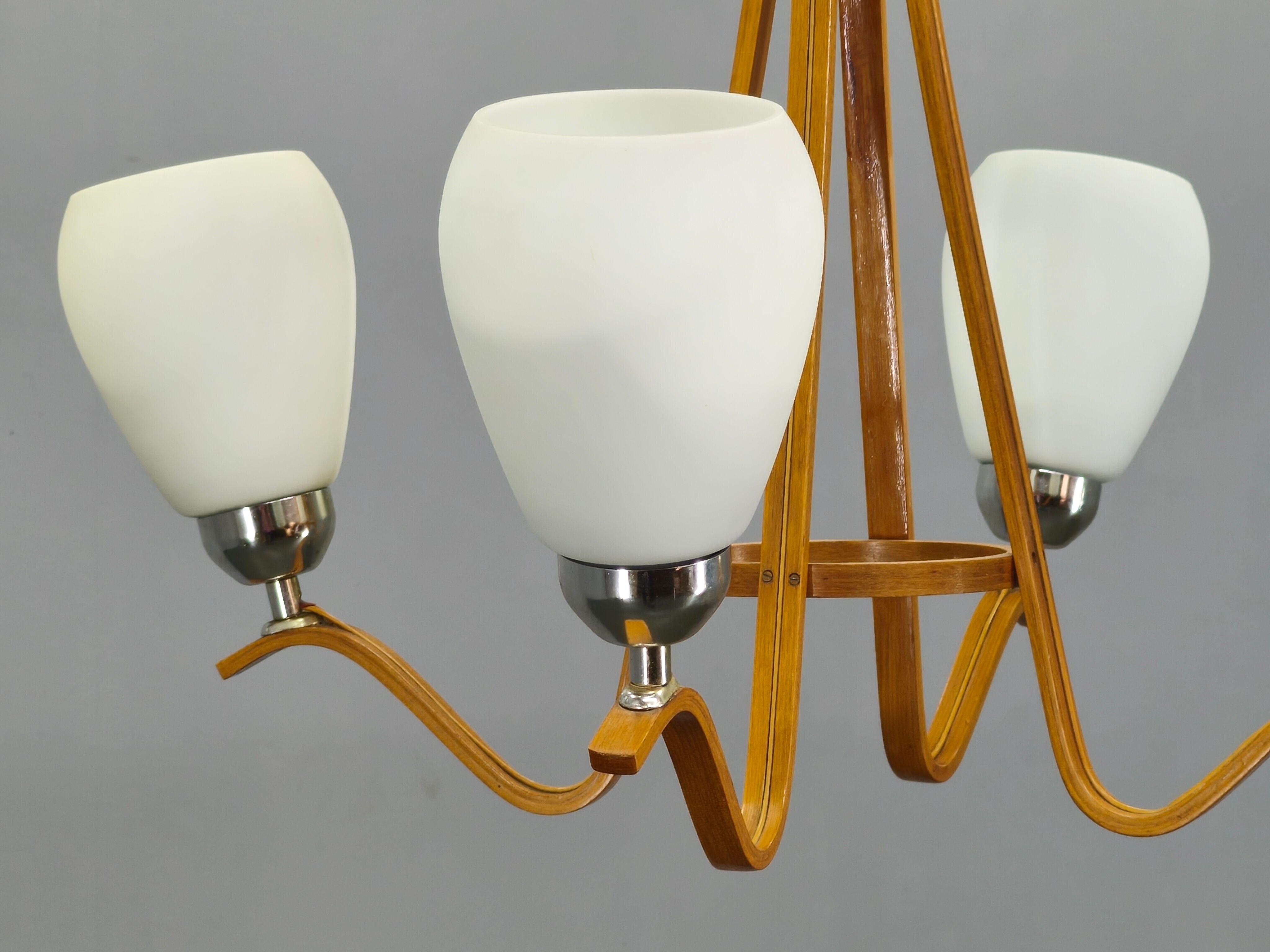 Pair of Czech Mid-Century Wood and Glass Chandeliers by Dřevo Humpolec