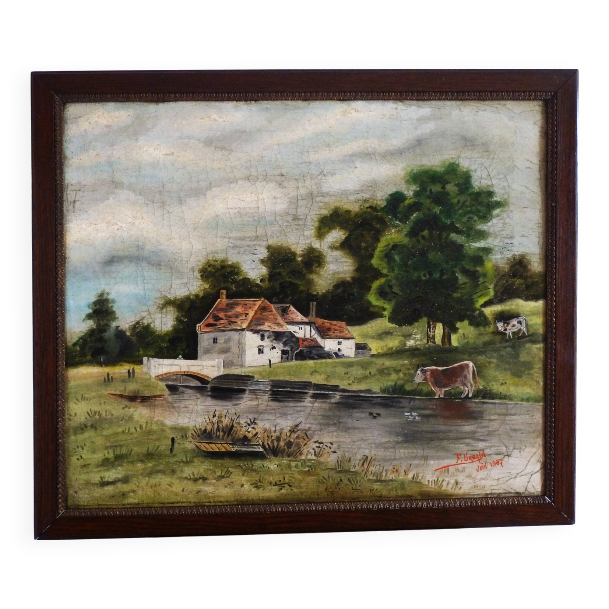 Antique oil painting, vintage bucolic countryside painting.