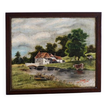 Peinture tableau à l'huile ancien, peinture buccolique vintage de campagne.