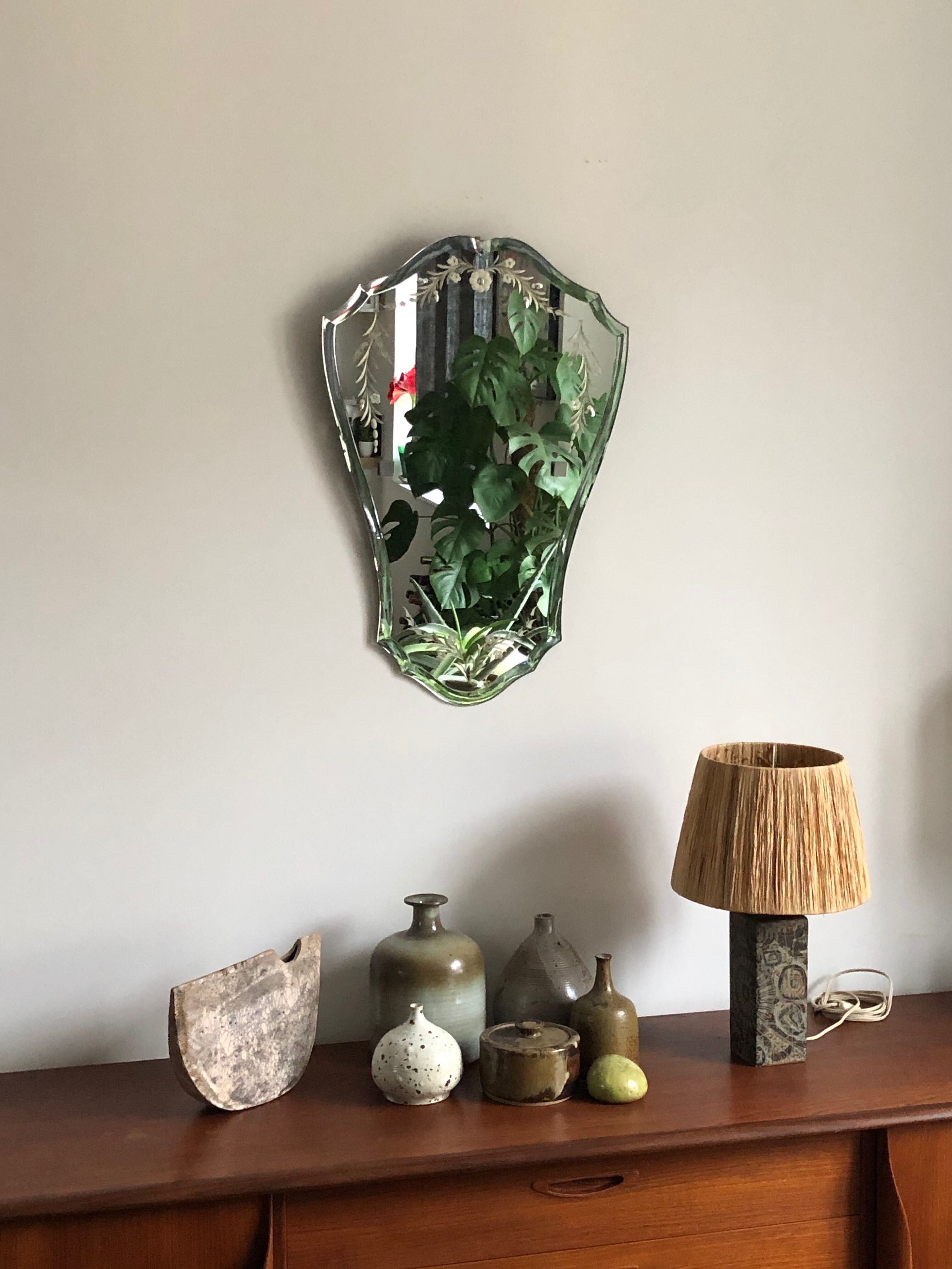 Old bevelled and engraved mirror   43x63cm