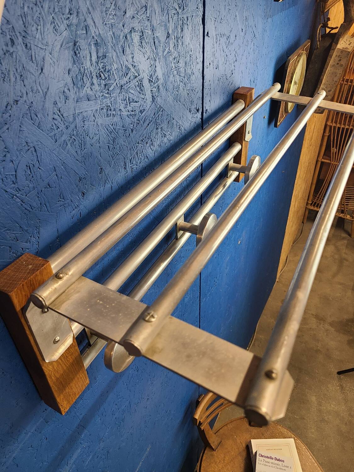 Coat rack, oak, vintage aluminum