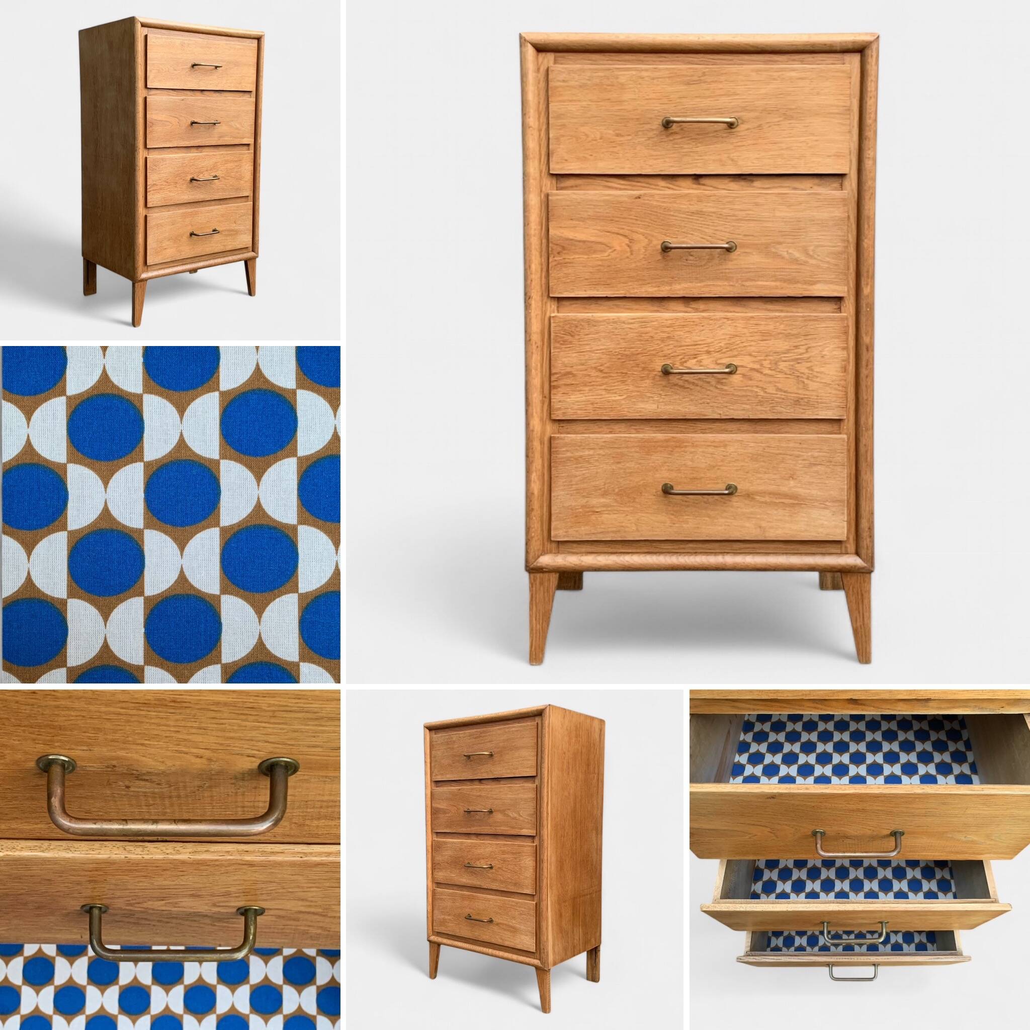 Chest of drawers with compass feet, raw wood, 1950s