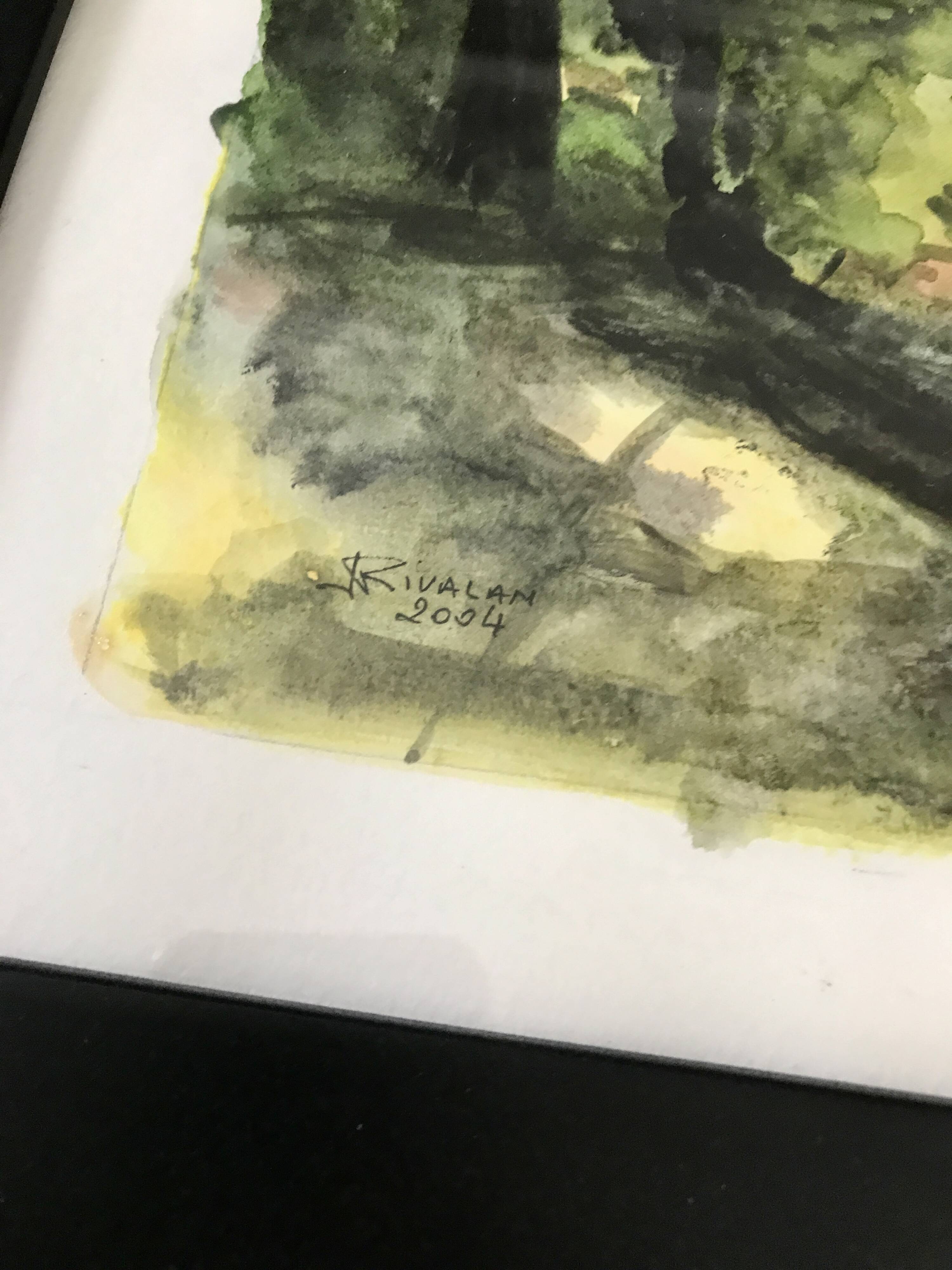 Framed watercolor under wood, signed