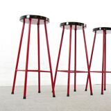Midcentury set of 3 bar stools in red and black, 1960s-1970s