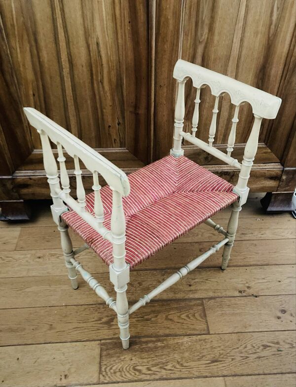 Banquette époque fin XIXe assise en paille colorée structure rechampie