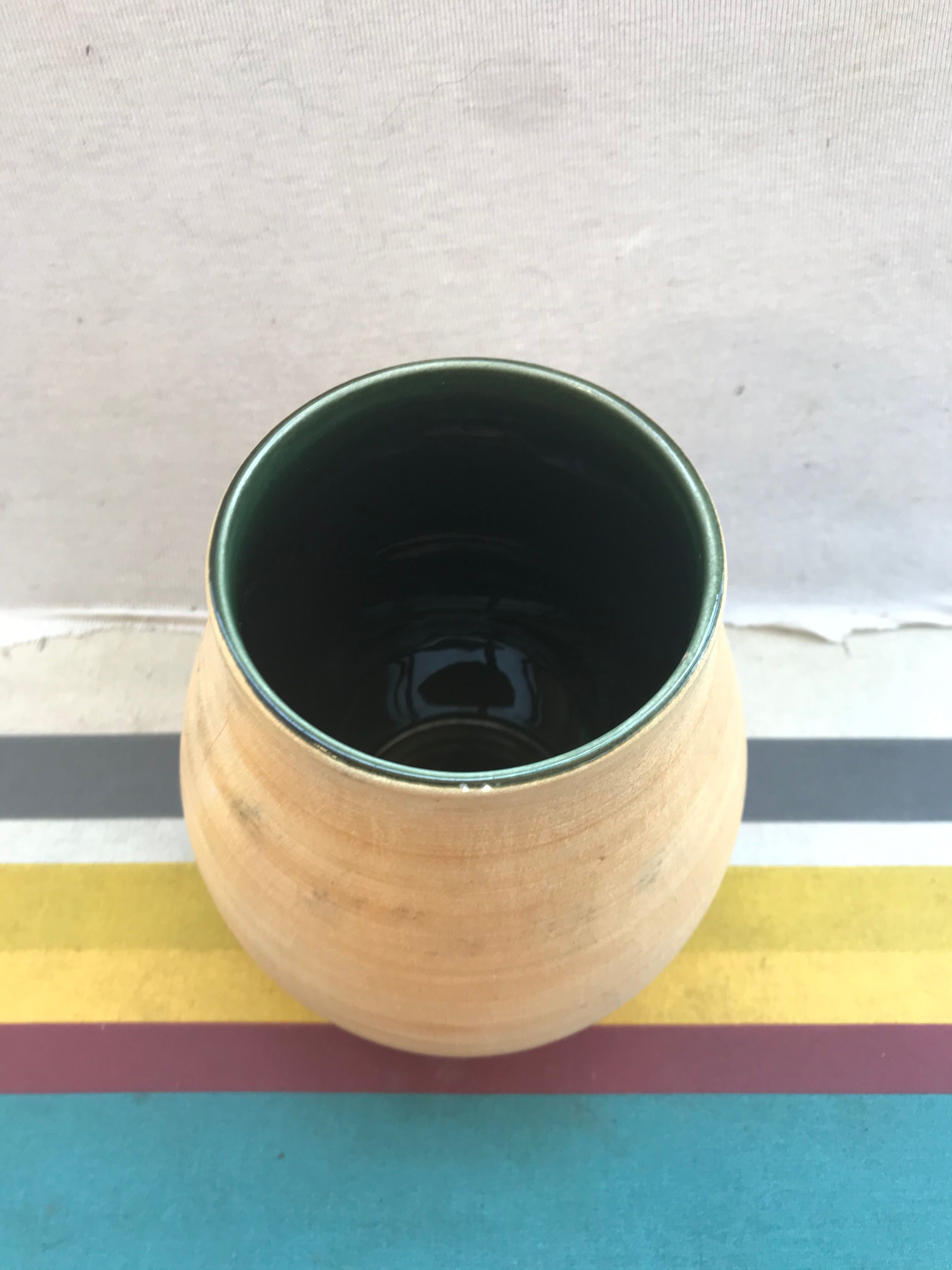 Vase Old CeramicCAPVERN Main Decoration Salins FRANCE Beige inter. Vintage Green