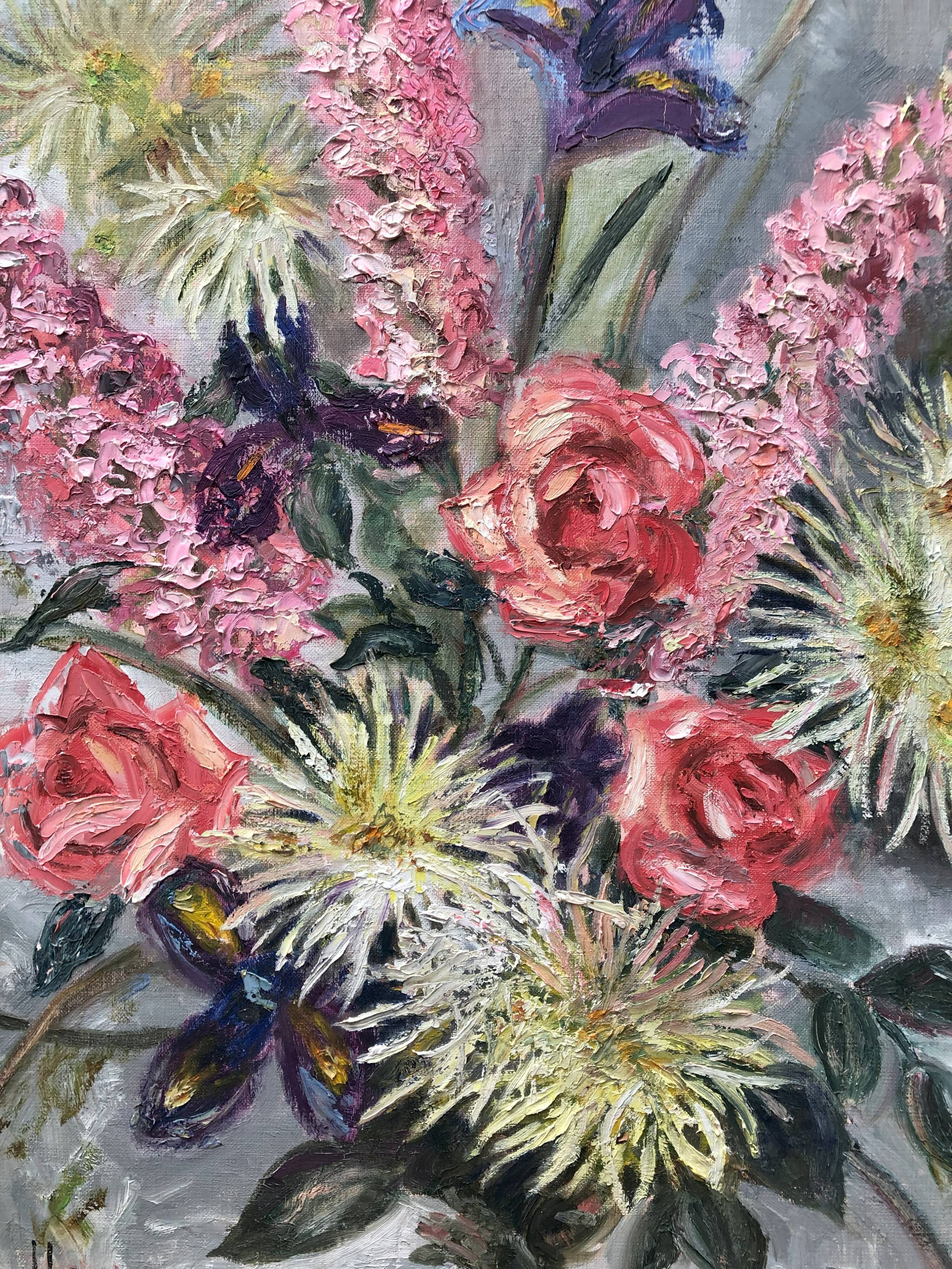 Old painting bouquet of pink flowers, iris, lupine, dahlia