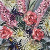 Old painting bouquet of pink flowers, iris, lupine, dahlia