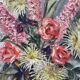Old painting bouquet of pink flowers, iris, lupine, dahlia