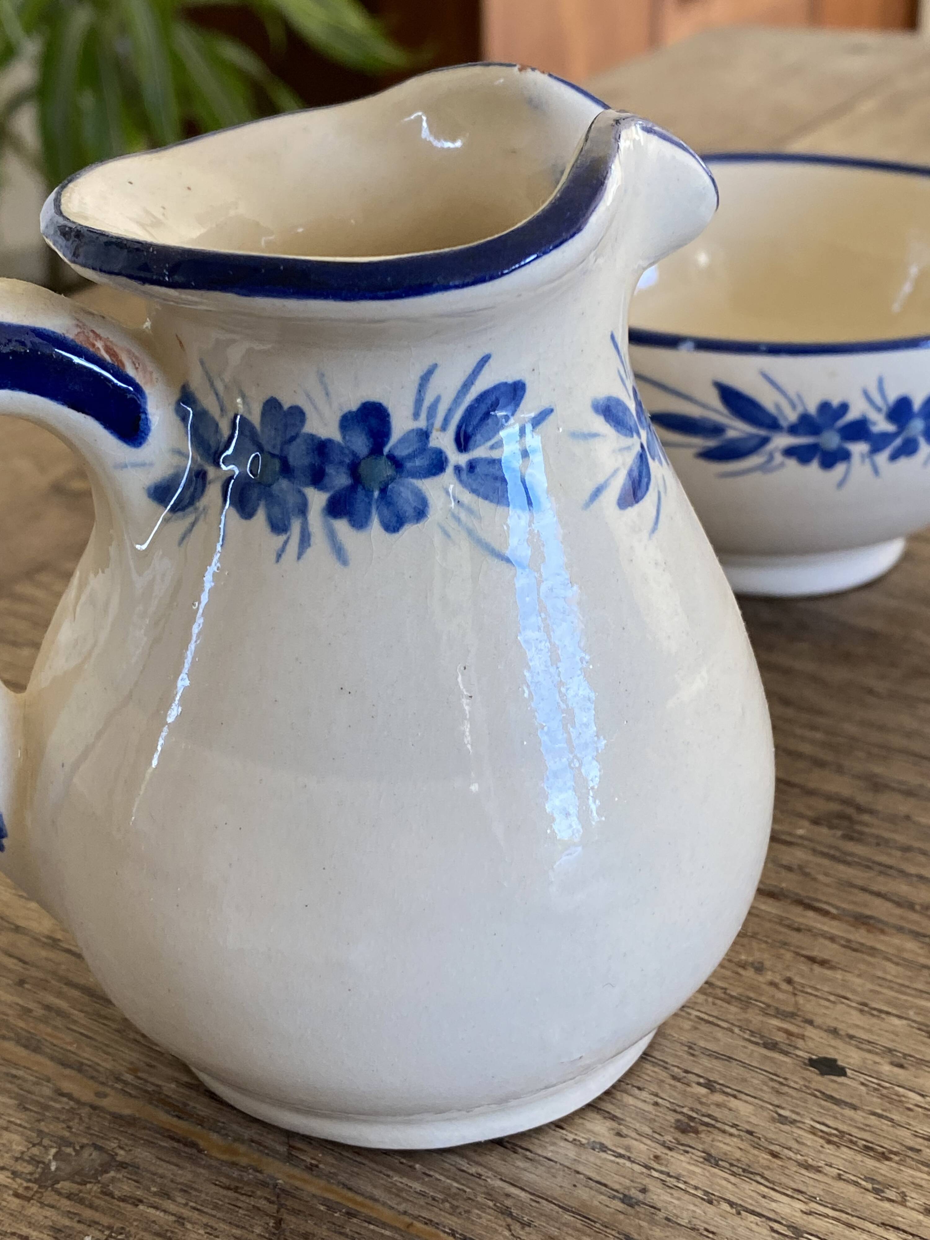 Handcrafted ceramic pitcher and bowl signed – blue decor – vintage tableware