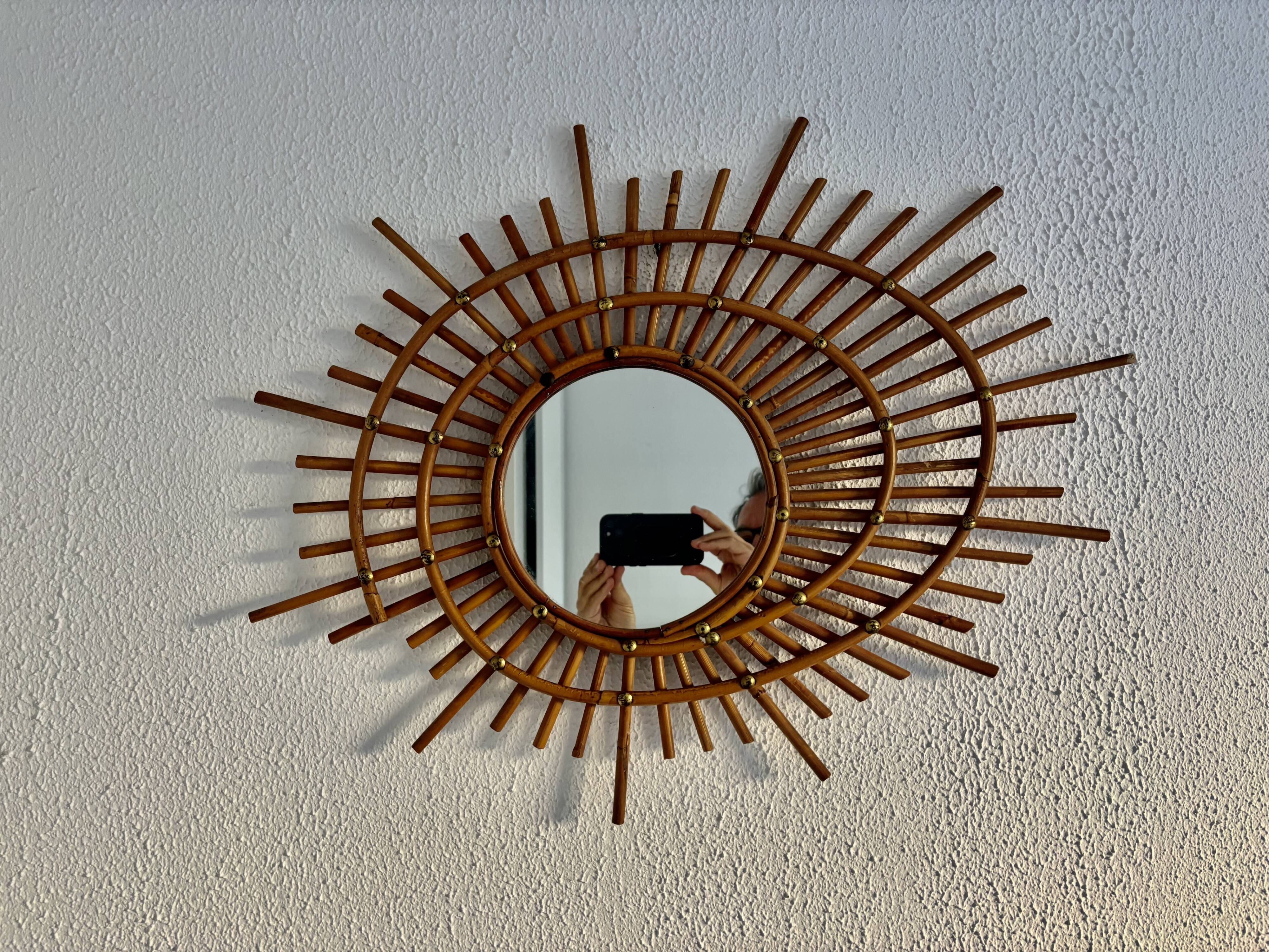 Vintage 1960s sun mirror, rattan, ORTF style, spiral eye - 66 x 50 cm