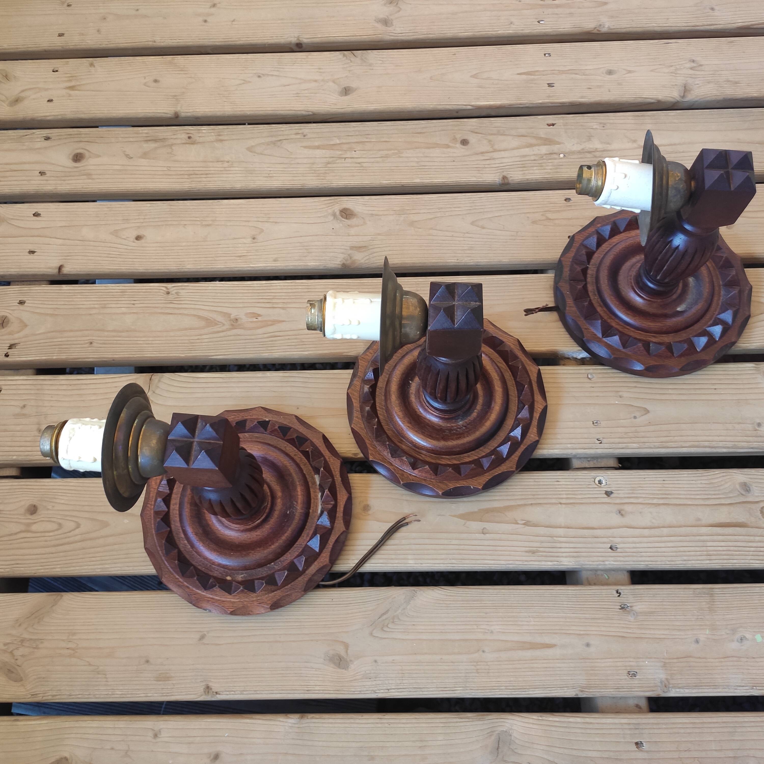3 vintage wooden wall lights 1970