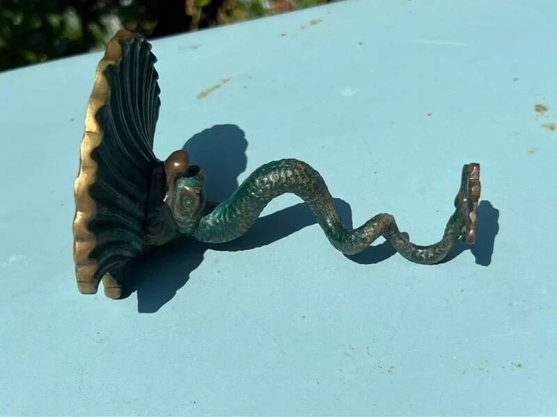 Antique candlestick base – stylised marine fish in patinated bronze