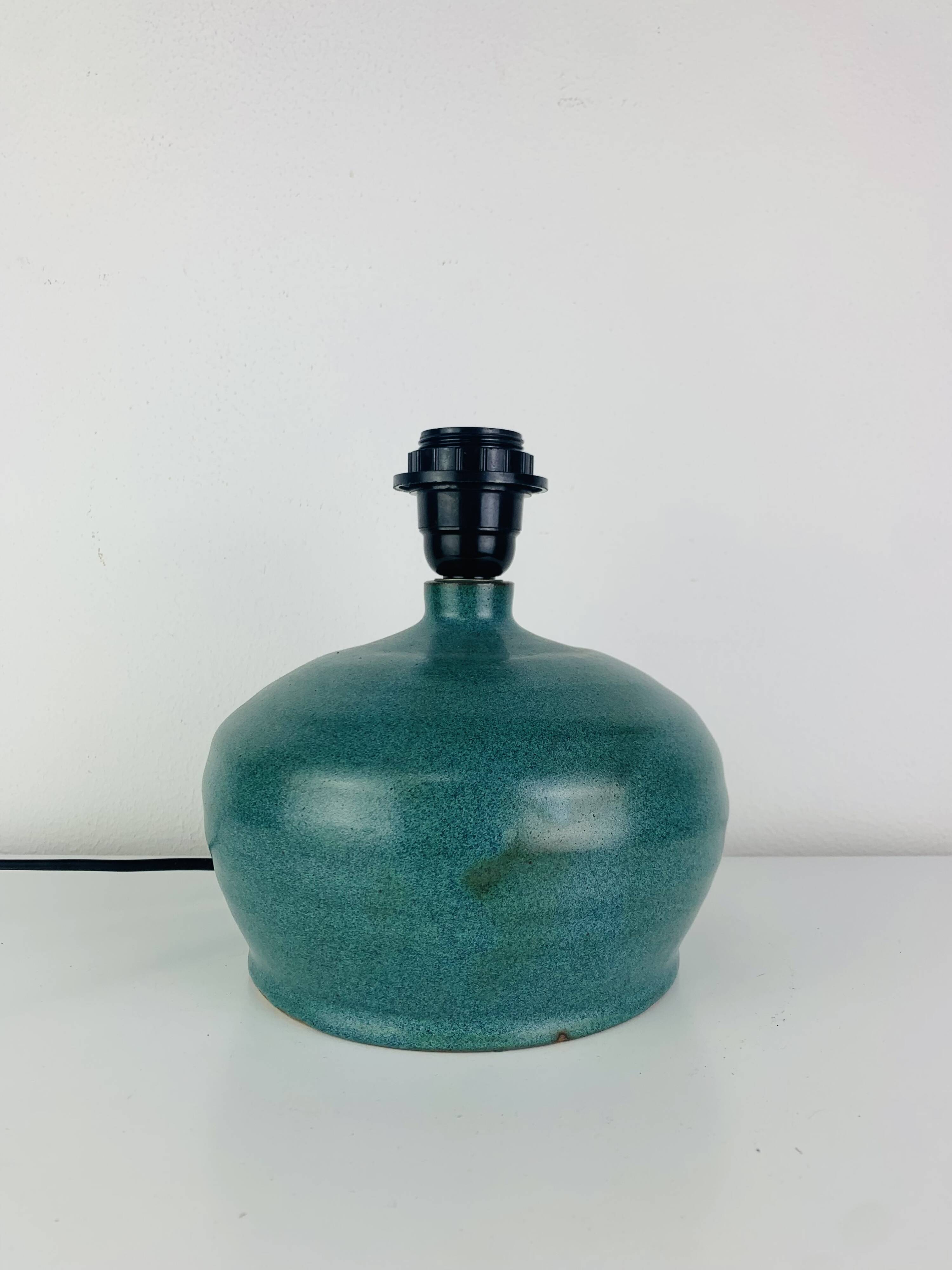 Ceramic green/blue globe lamp, rattan shade, vintage