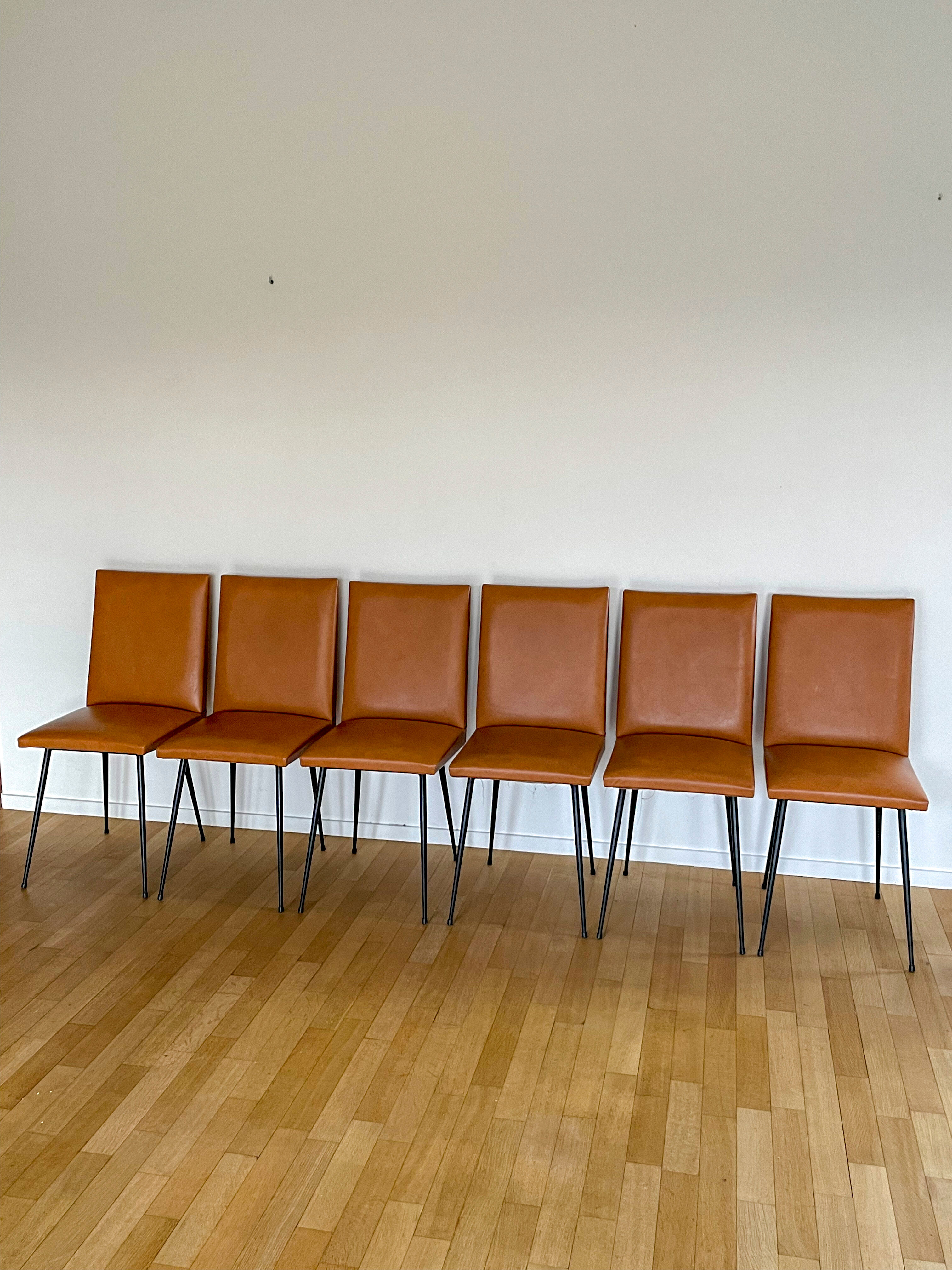 Set of 6 brown skaï chairs and black metal, 1960