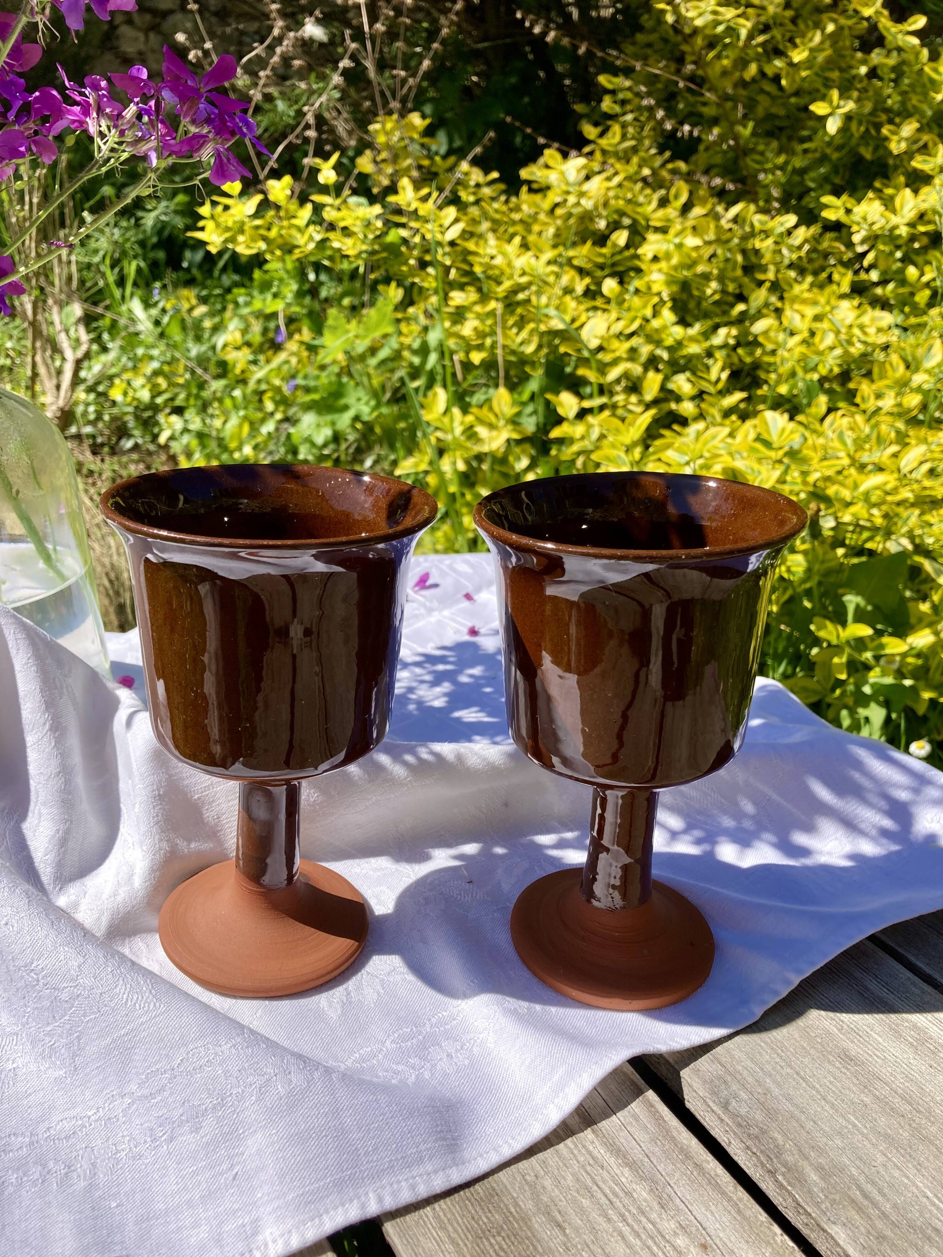 Brown glazed artisanal ceramic stemware