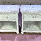 Pair of white lacquered rattan bedside tables
