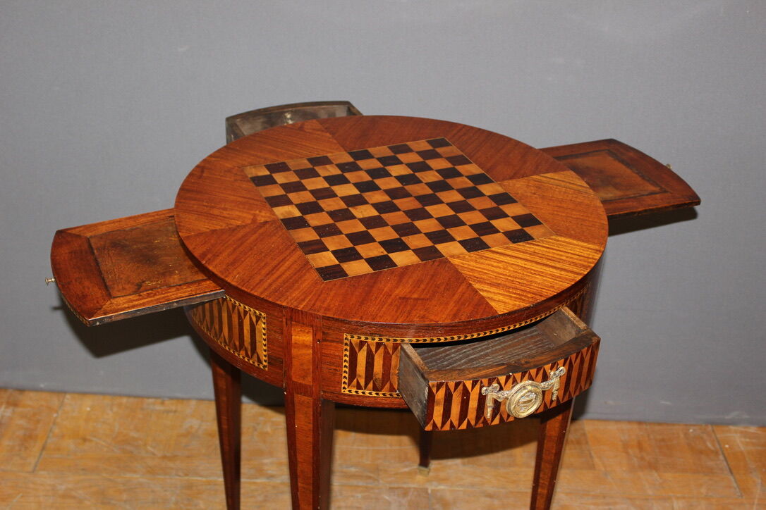Louis xvi style hot water bottle table in marquetry around 1900