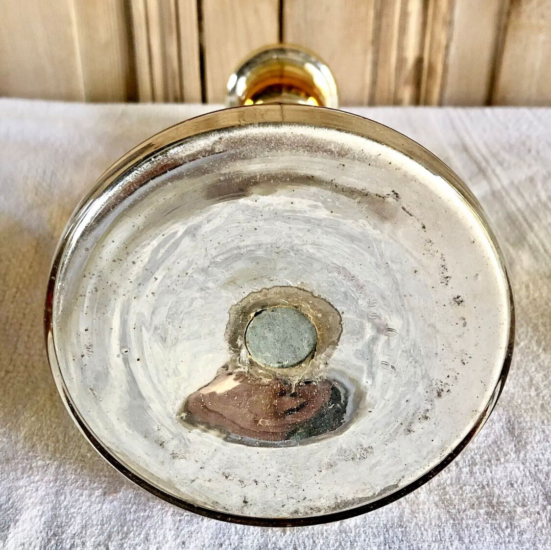 Old candle holder XIX gilded mercurized eglomised glass