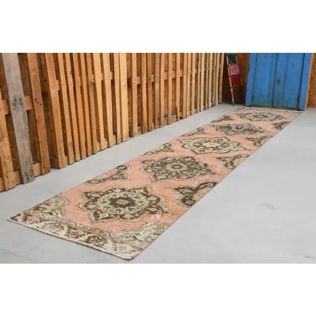 1970s Vintage Turkish Hand-Knotted Wool & Cotton Orange Runner Rug 81x386