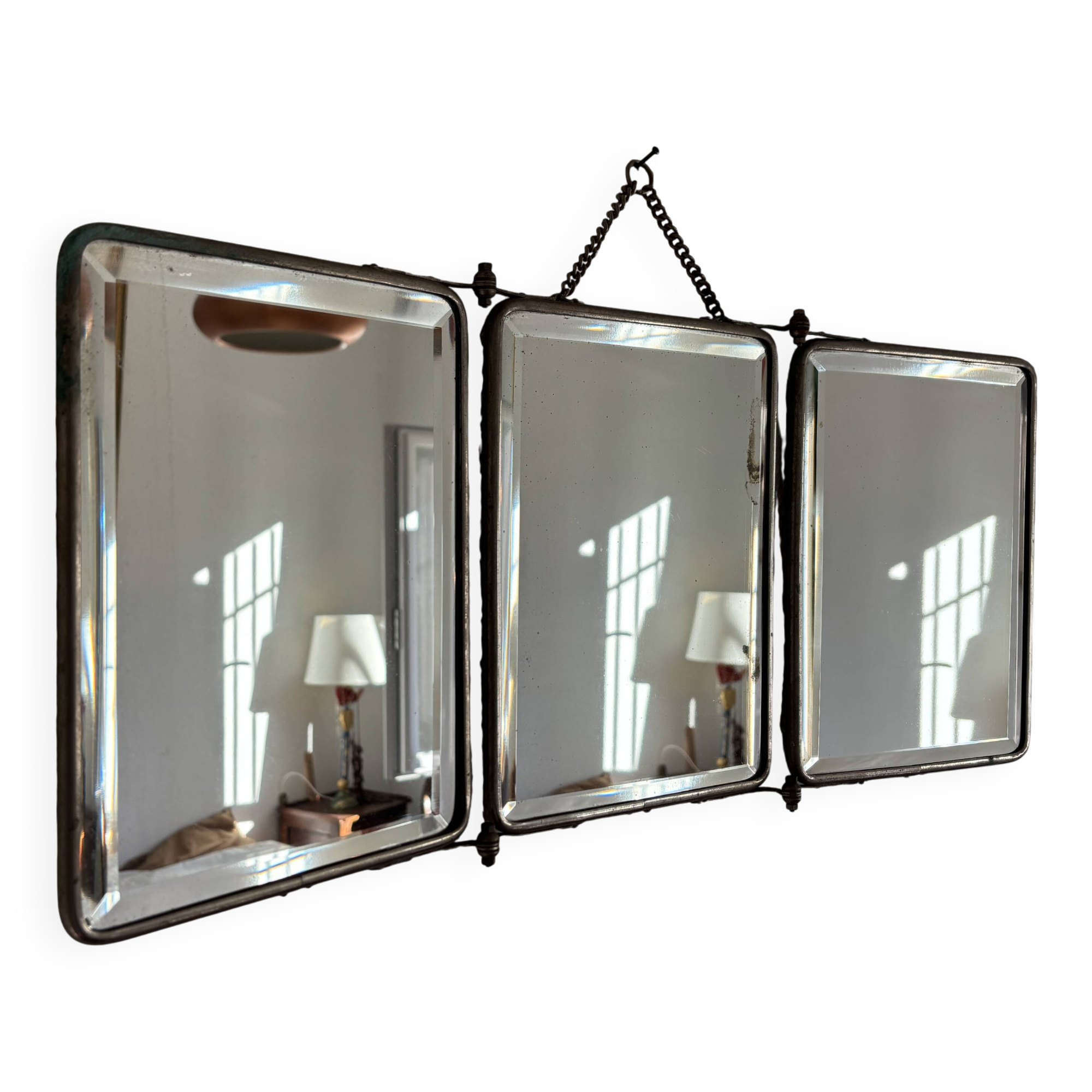 Miroir vintage 1930 triptyque barbier cristal biseauté- 25 x 58 cm