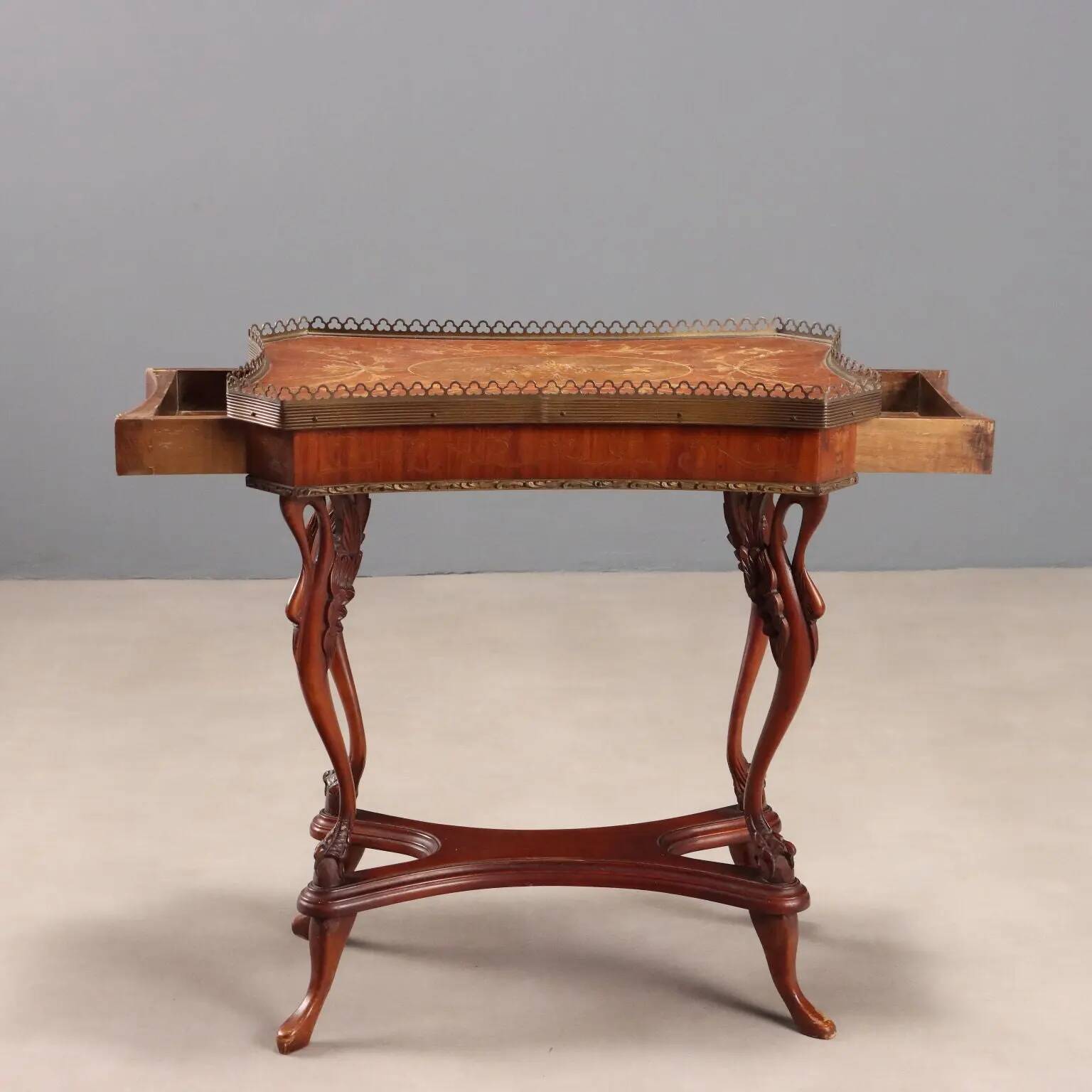 Small antique coffee table made of fruitwood and rosewood, 20th century.