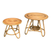 Pair of rattan tripod coffee tables 1950