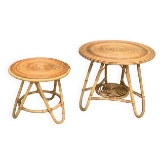 Pair of rattan tripod coffee tables 1950