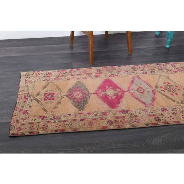 Vintage Turkish Hand-Knotted Wool Cotton Orange Runner Rug 85x344