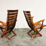 Pair of wooden folding garden chairs with table, 1950s