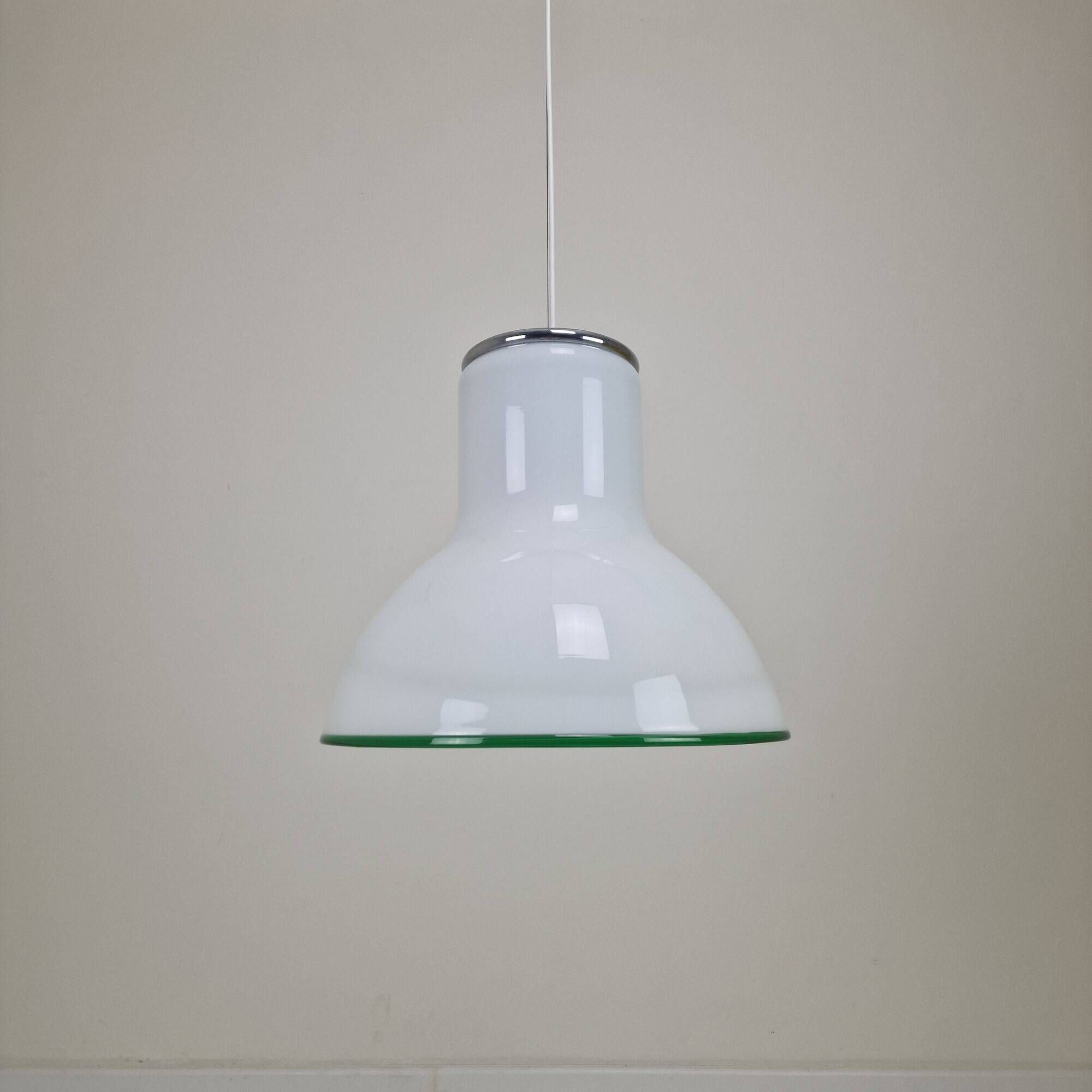 Large Italian Murano Cased Glass Pendant Light with Green Trim, 1970's