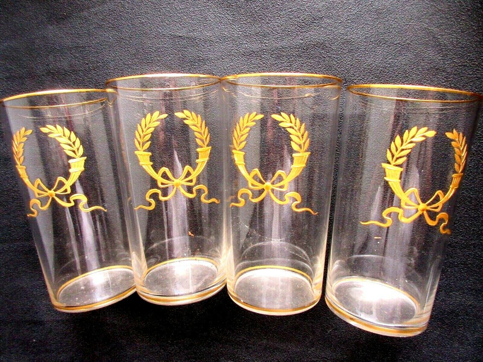 Set de 4 verres cristal fin émaillé de palmes et de noeud Louis XVI à l'or fin