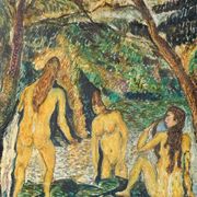 Painting of naked women taking a bath.
