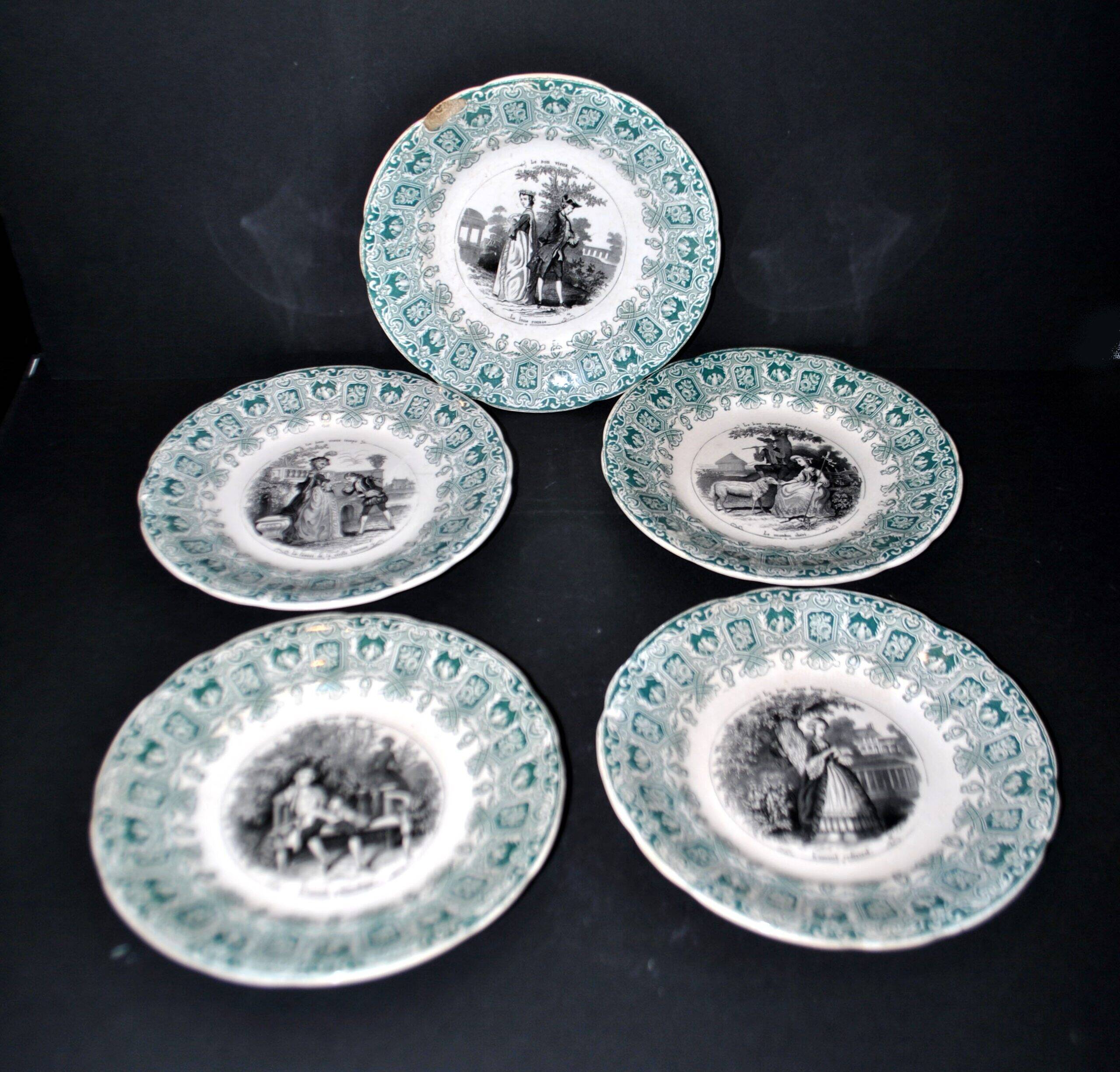 Sarreguemines set of 5 talking plates from the Bon Vieux Temps series, opaque earthenware.