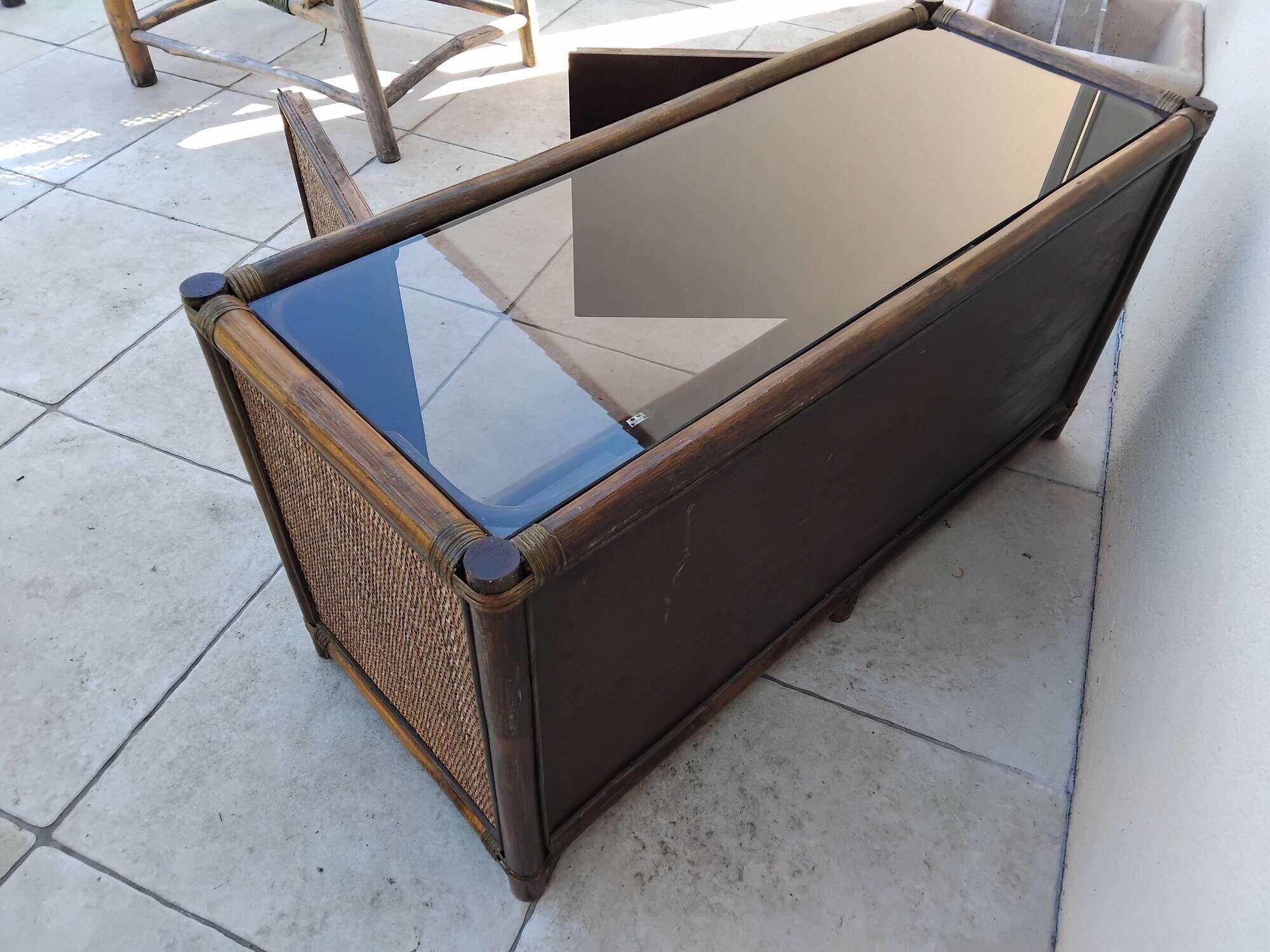 Vintage sideboard TV unit in rattan, bamboo and glass.