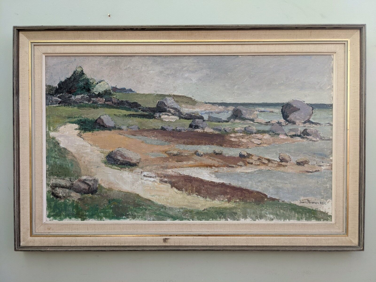 1962 Mid-Century Modern "Rockpools" Swedish Landscape Oil Painting, Framed