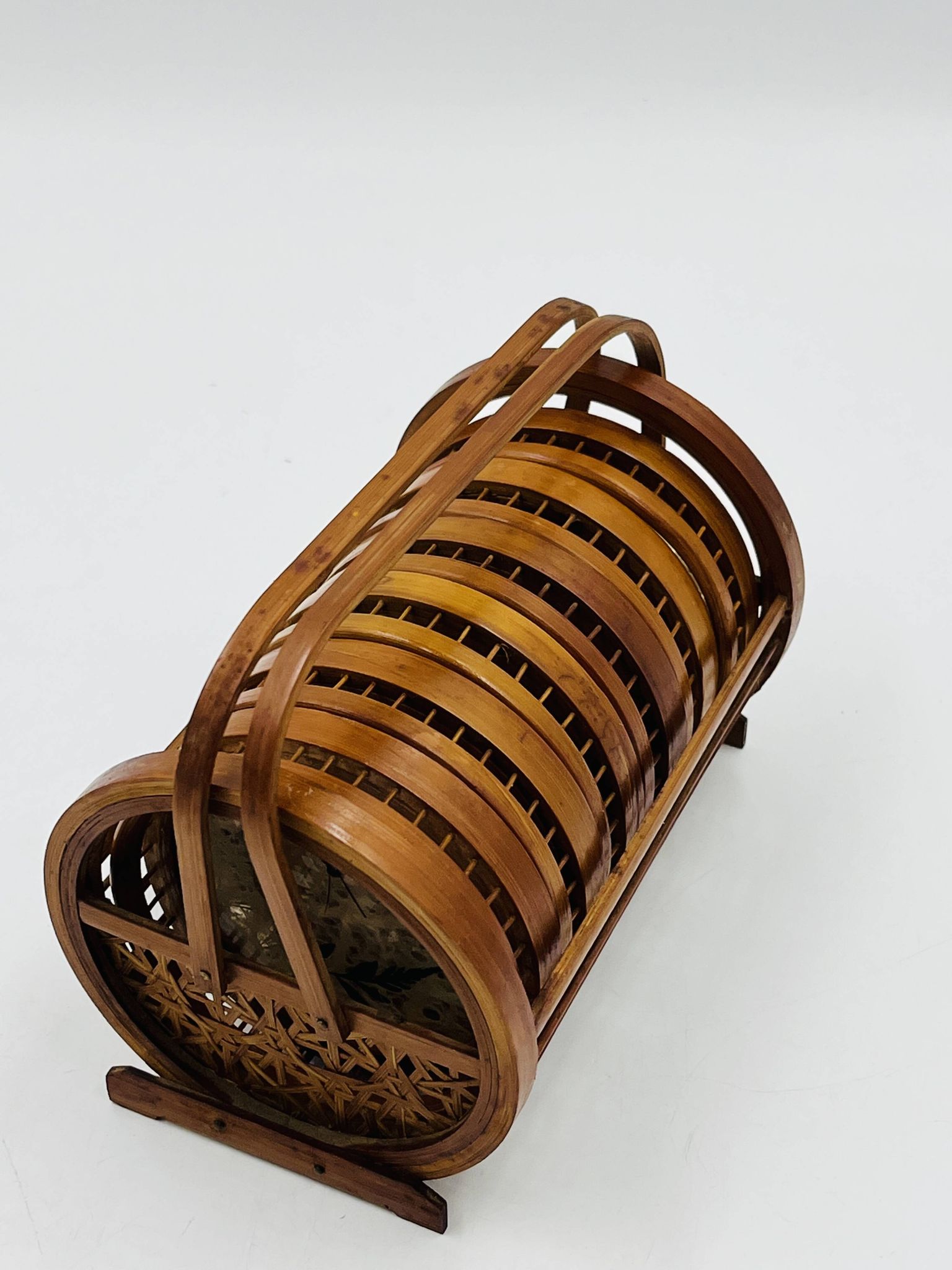 Vintage wooden coaster holder with 6 butterfly coasters.