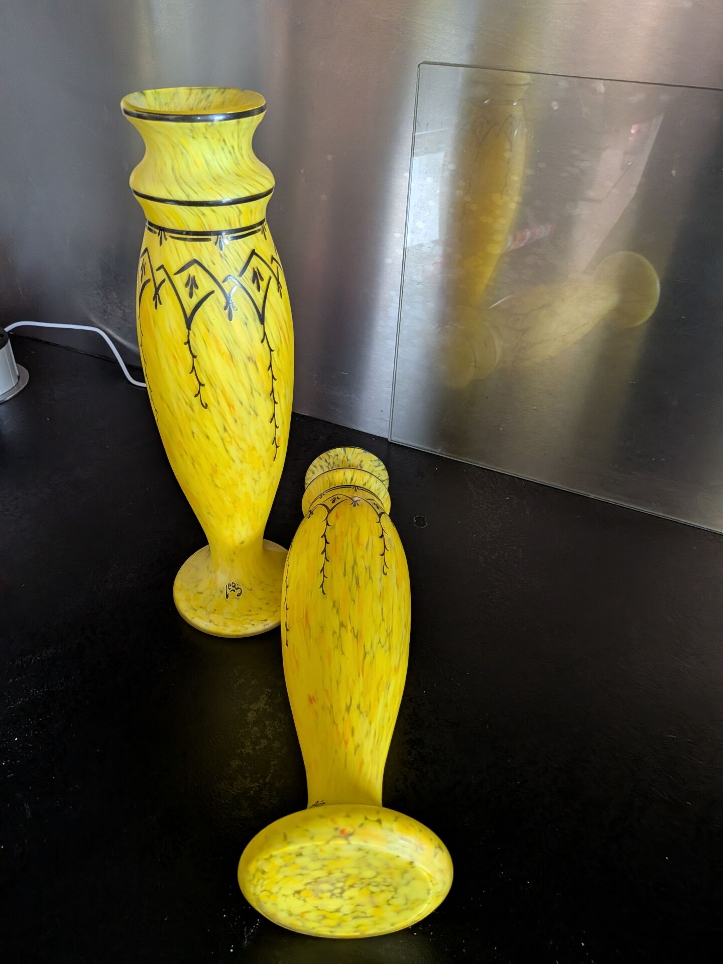 Pair of Legras vases — yellow marbled glass, enamelled Art Deco decoration,