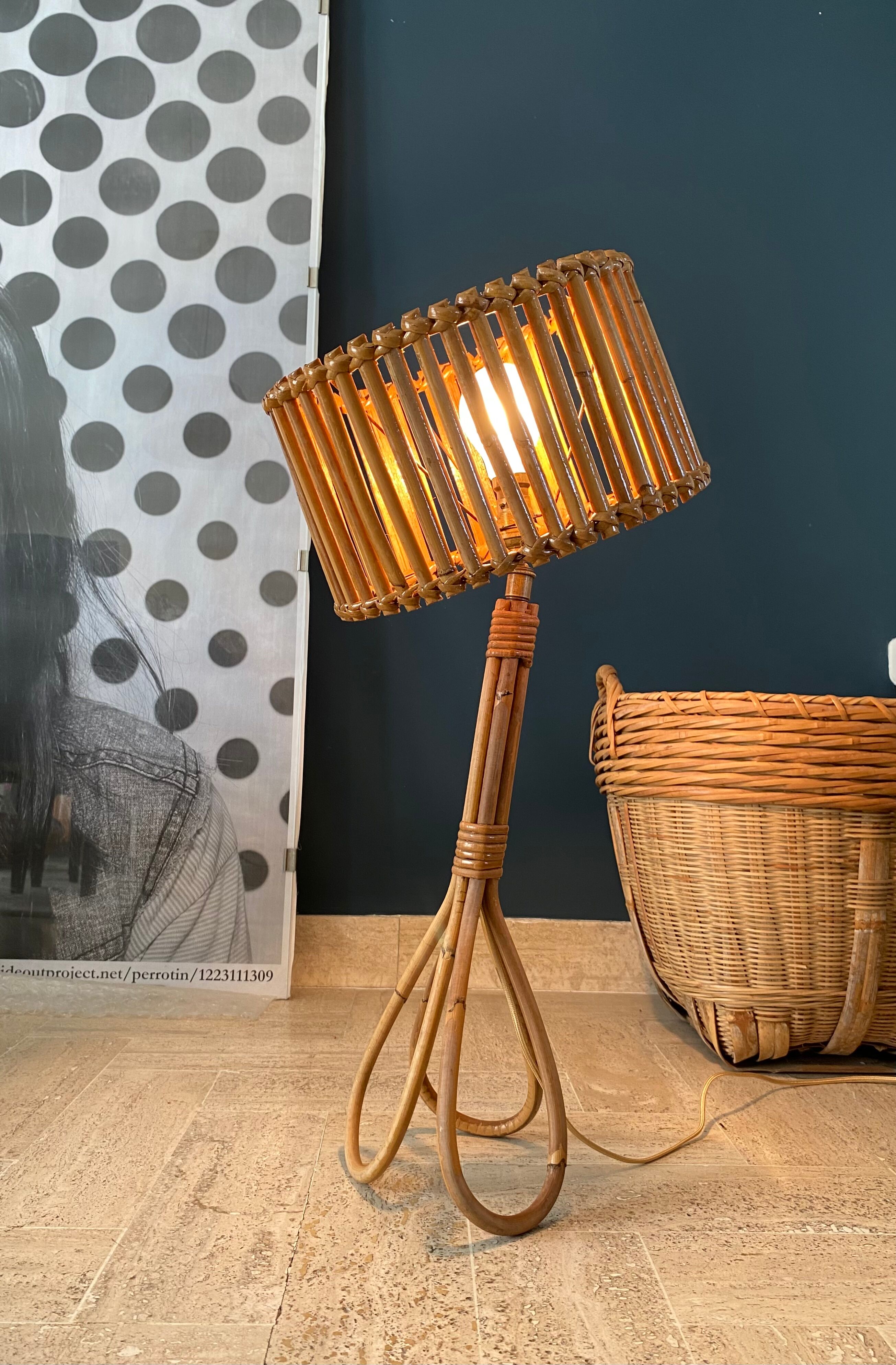 Lampe rotin, câble 2 m, interrupteur vintage
