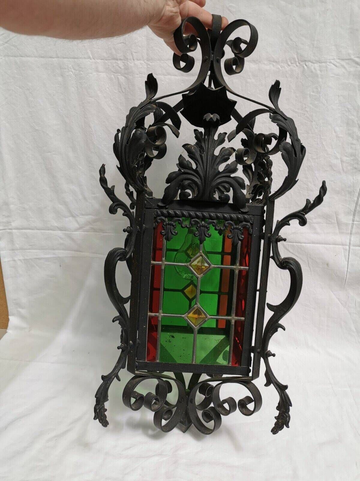 Large old lantern, wrought iron and stained glass. Lamp Chandelier stained glass Entrance