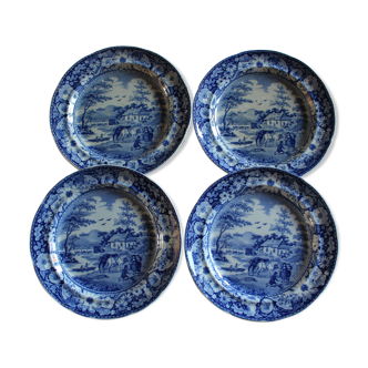 Lot de 4 assiettes à dessert anglaises bleu cobalt