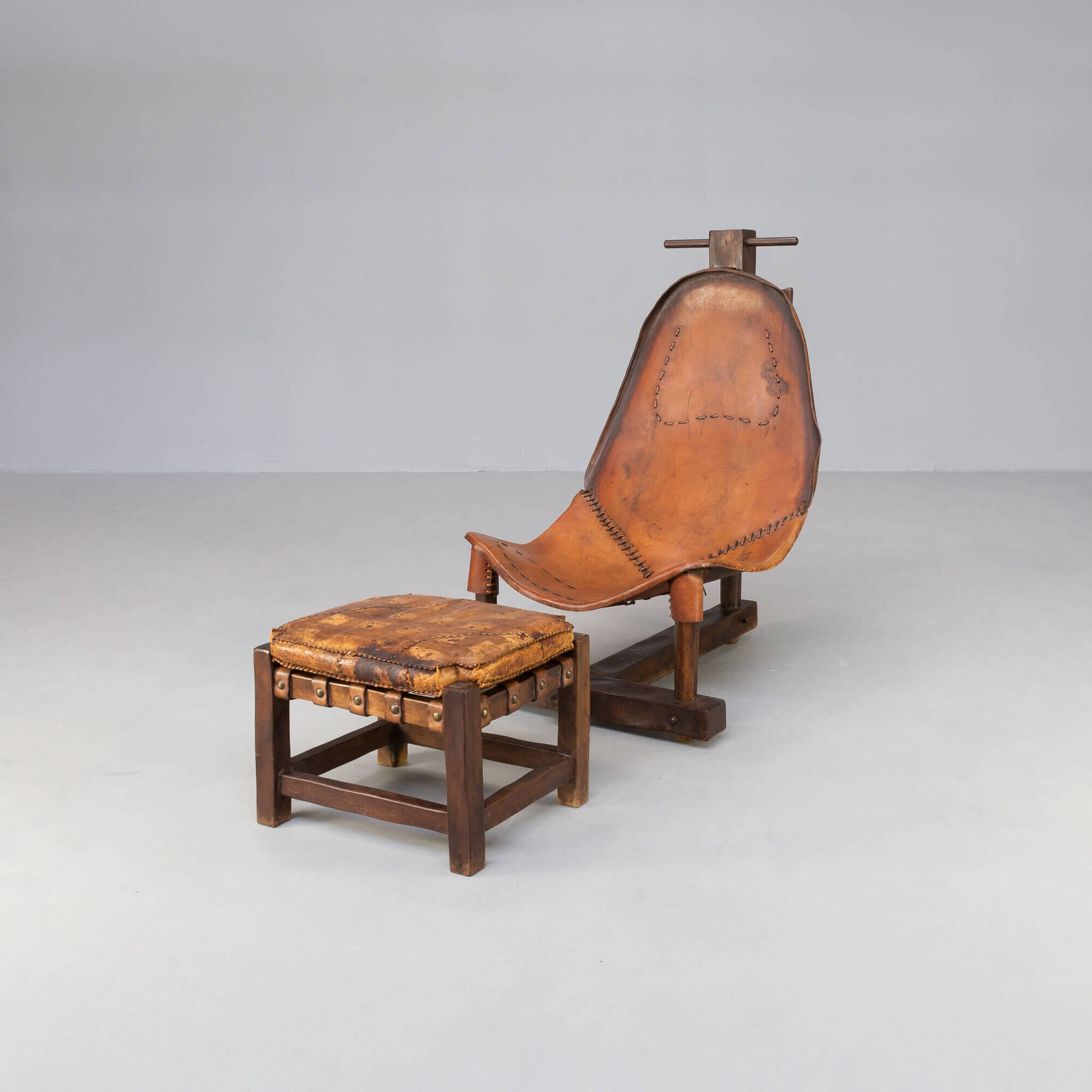 60s Brazilian brutalist patchwork leather lounge fauteuil with hocker