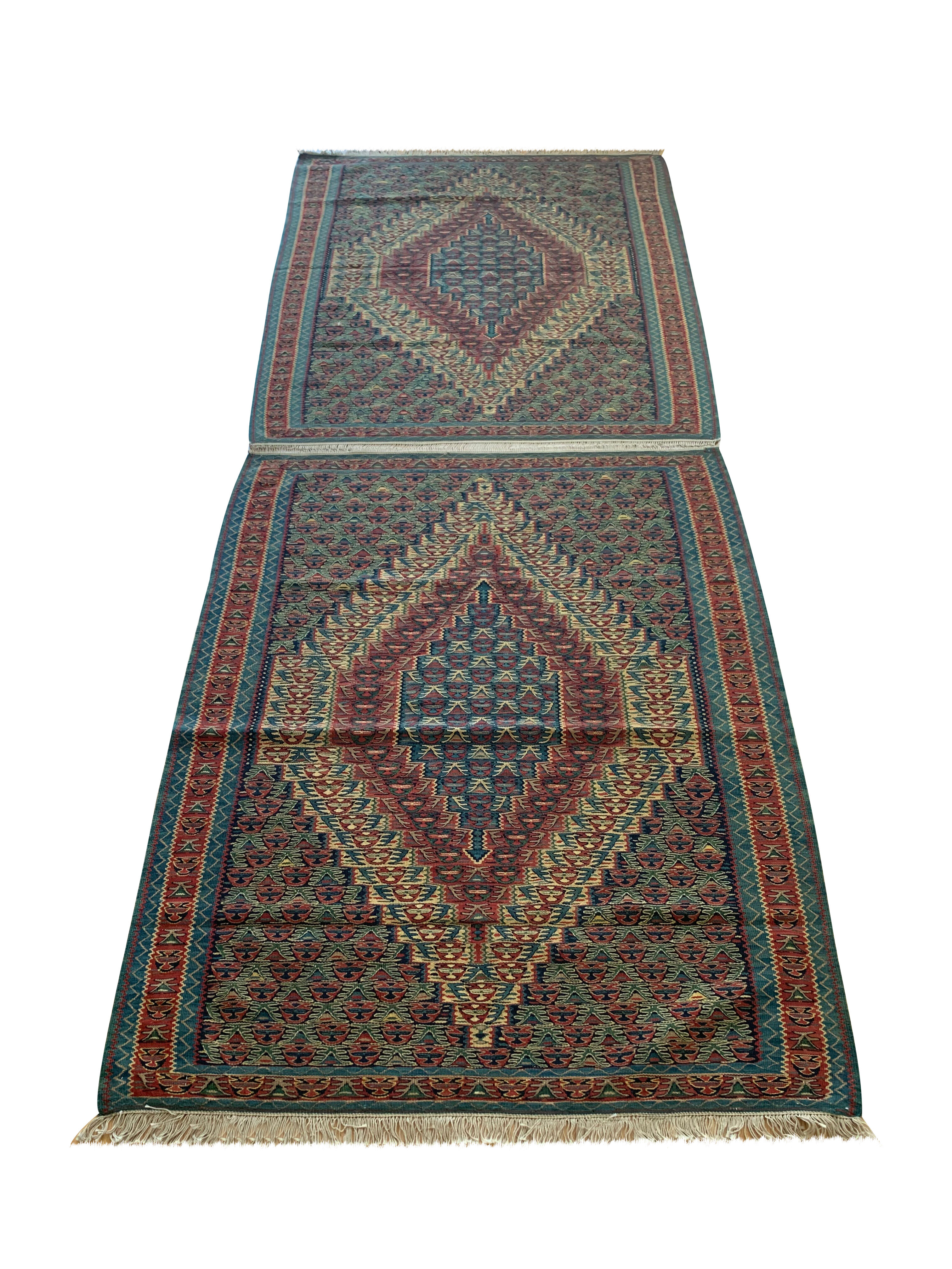 Pair of blue & green silk and wool kilims handmade persian rugs