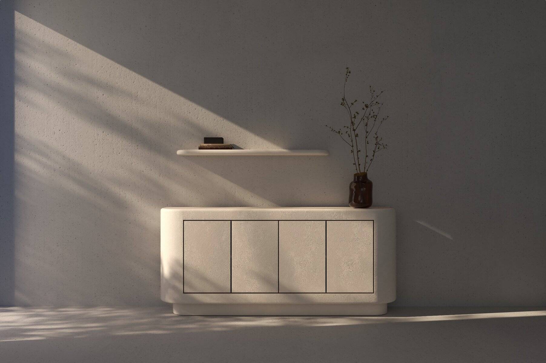 Contemporary Handmade Textured Plaster Sideboard with Walnut Interior