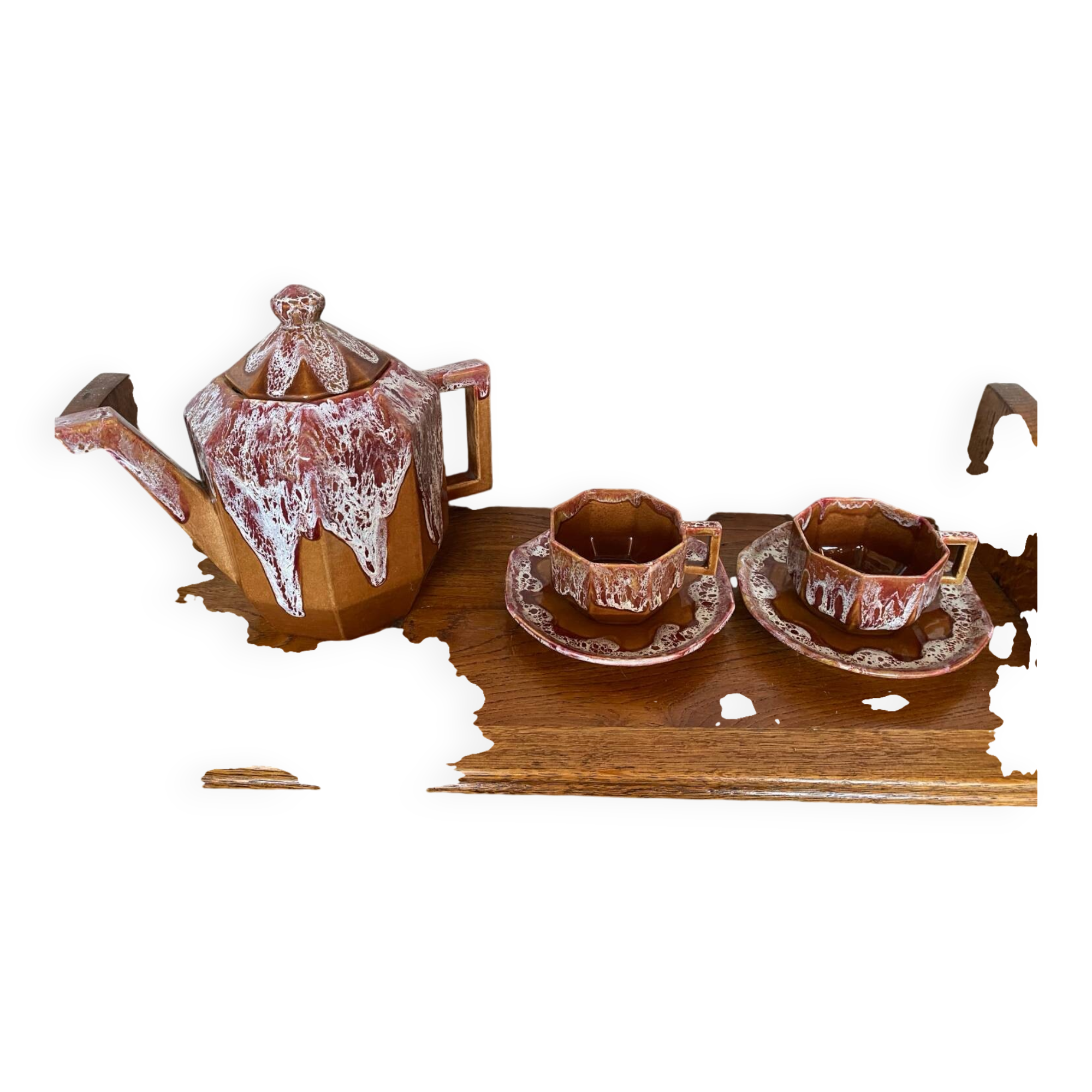 Antique gf art deco teapot flamed ceramic brown vintage