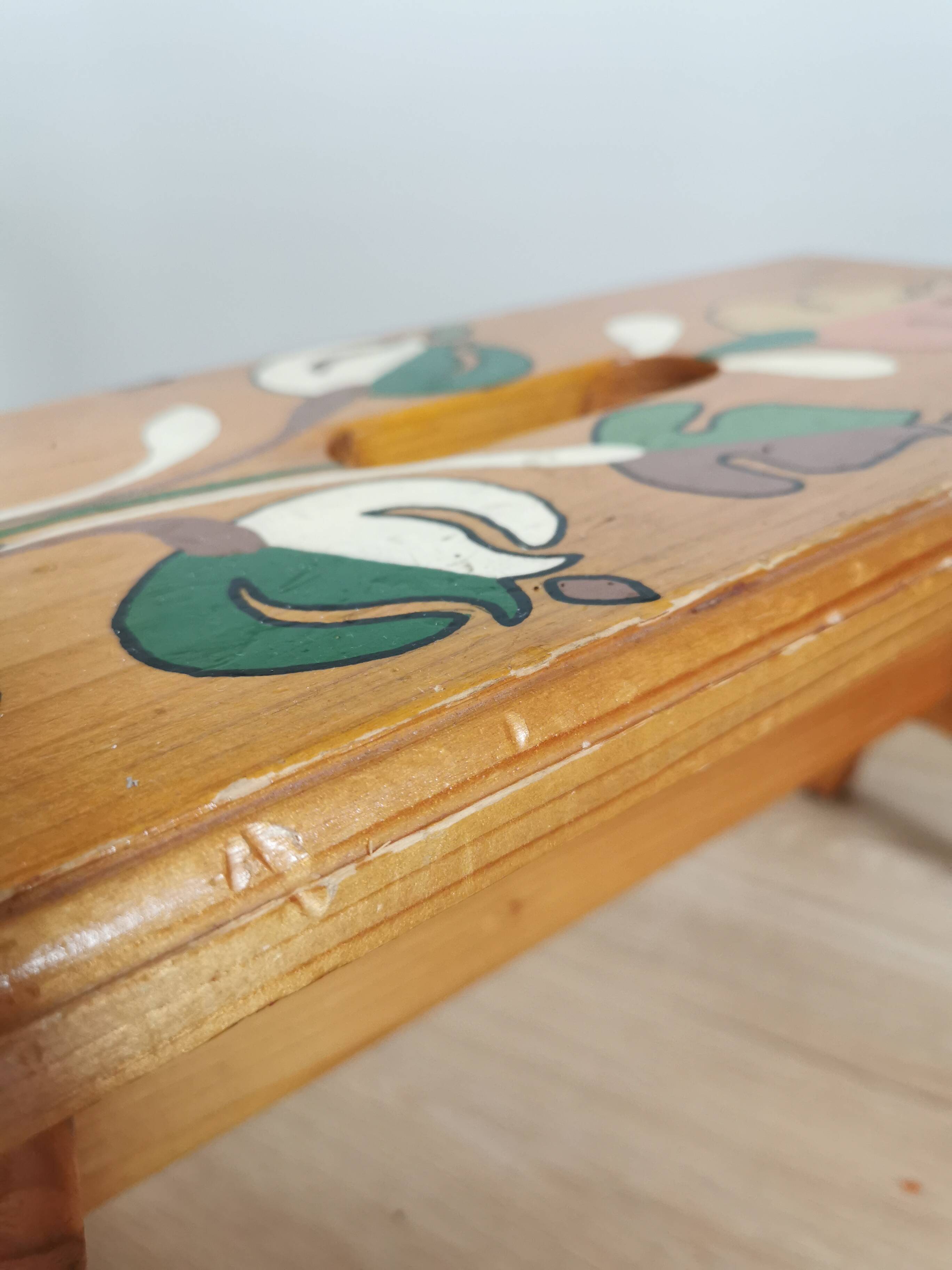 Vintage Hand-Painted Wooden Footstool: Yugoslavian Folk Art Decor