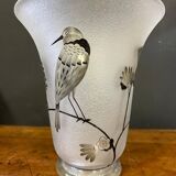 Vase Daum Nancy France - Oiseau Branché Réserve with acid enhanced with black enamel