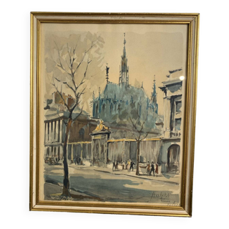 Watercolored lithograph painting, Franz Herbelot, “Paris la sainte chapelle”, 20th century.
