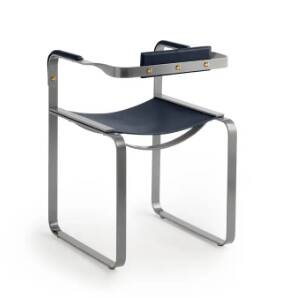 Armchair, silver steel and navy blue leather, contemporary style.
